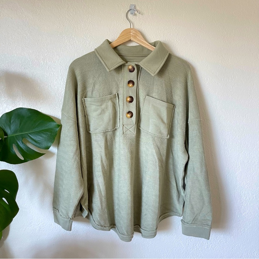 NWT American Eagle Button Front Pullover Sweater with Polo Collar Sage